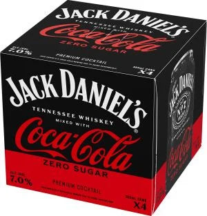 Jack Daniel's No.7 Whiskey & Coca Cola Zero Sugar Cocktail Can 4-Pack