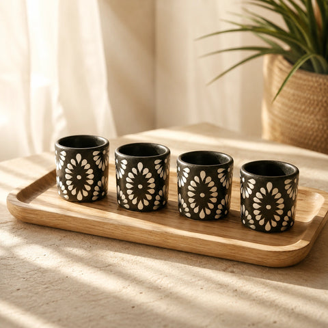 Black & White Talavera Design Ceramic Hand Printed Shot Glasses 1.6-Oz