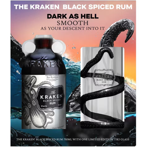 Kraken Black Spiced Rum with Tiki Glasses 750ml