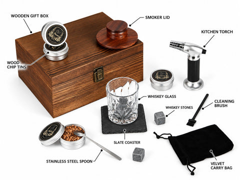 Premium Whiskey Smoker Kit with Wooden Box Torch 4 Flavors Wood Chips Cocktail Smoker Gears Glass and Whiskey Stones