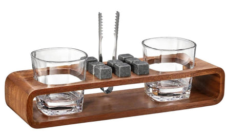 Square 250ml Whiskey Glass and Whiskey Stone with Wooden Stand Gift Set
