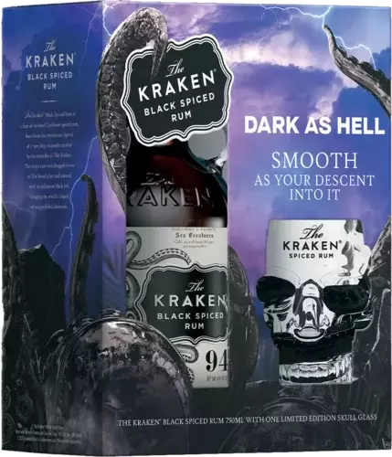 Kraken Black Spiced Rum with Skull Glasses 750ml