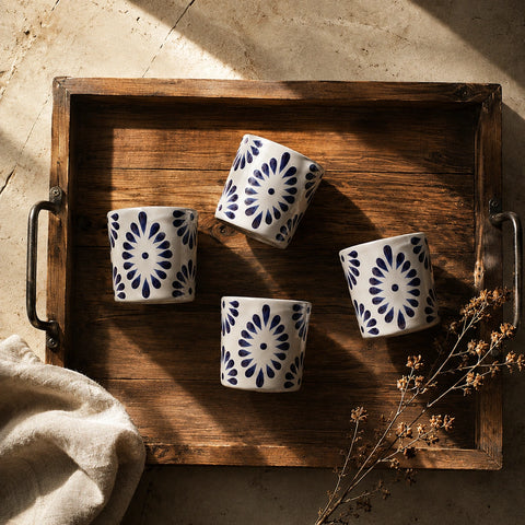 White & Blue Talavera Design Ceramic Hand Printed Shot Glasses 1.6-Oz