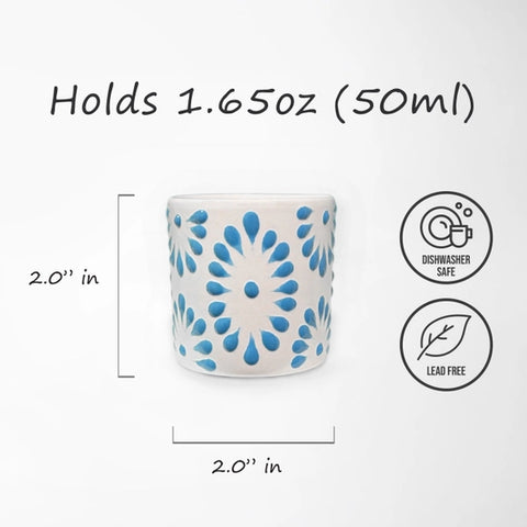 White & Turquiose Talavera Design Ceramic Hand Printed Shot Glasses 1.6-Oz